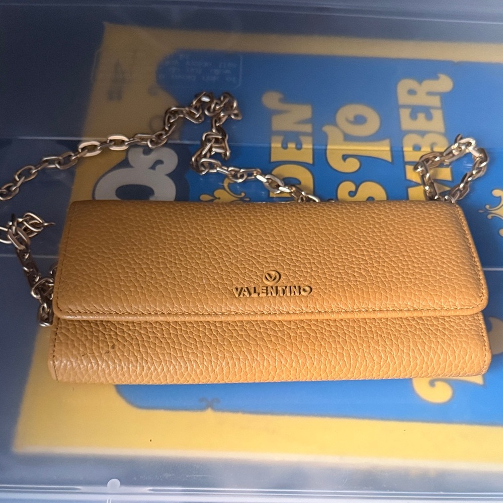 Valentino Pebbled Leather Chain Crossbody Bag in Mustard Yellow
